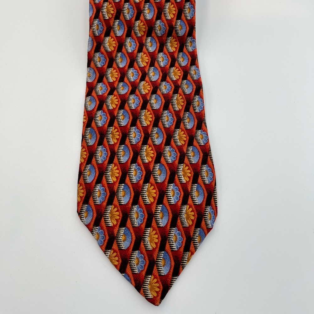 Ermenegildo Zegna Tie 100% Silk Luxury Geometric Orange/Blue/Gold Made in Italy